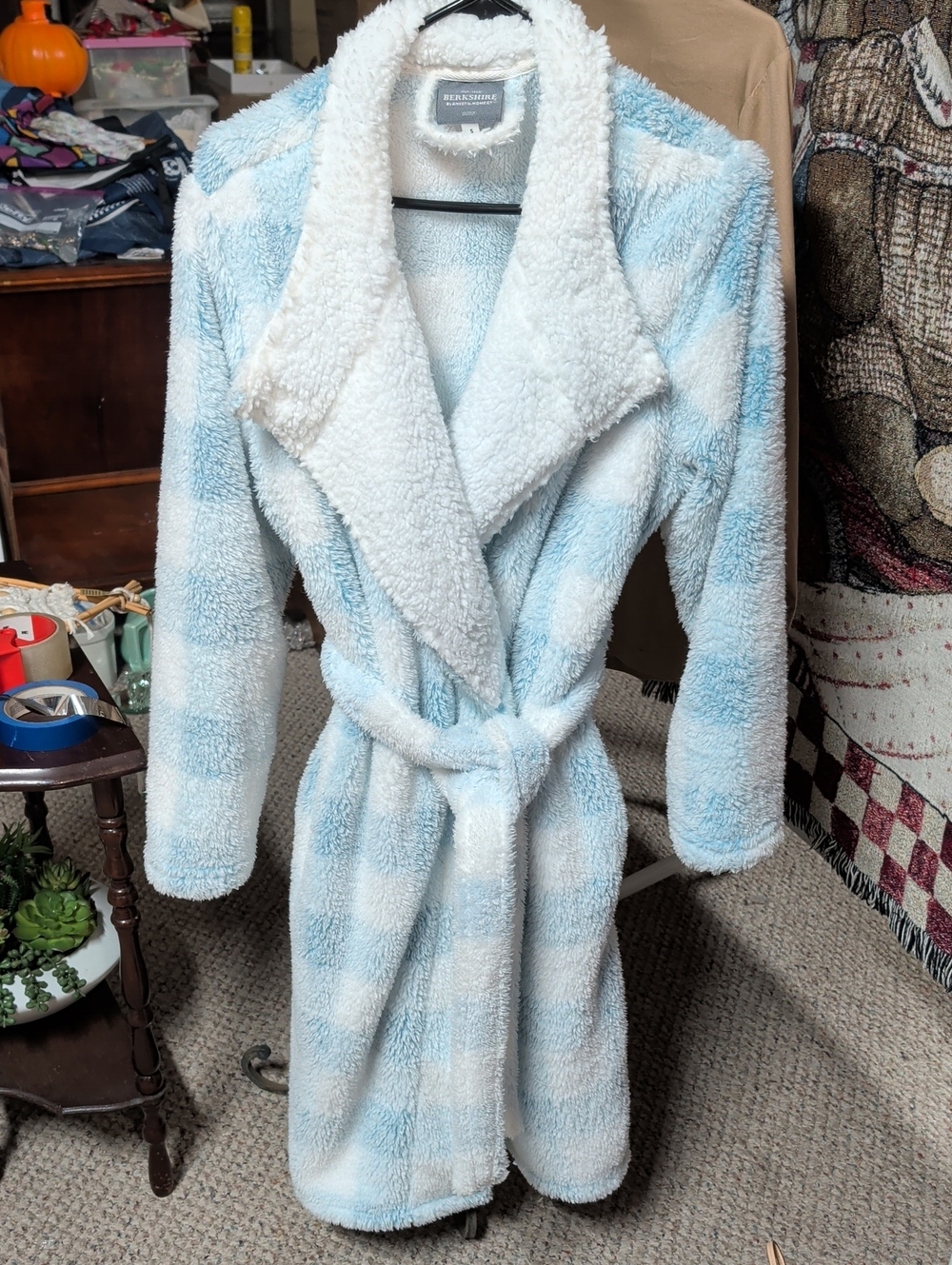 Berkshire Blankets Light Blue and White Plush Wrap Robe with Sherpa Collar